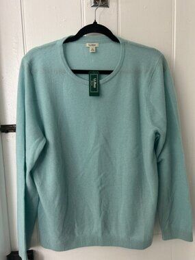 NWT LL Bean 100% Cashmere Crewneck Sweater XL Petite Pale Turquoise